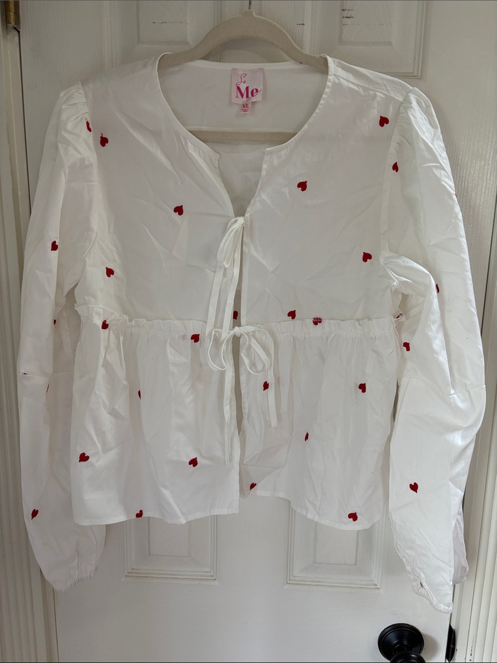 So Me White Cotton Peplum Blouse with Red Heart Embroidery
